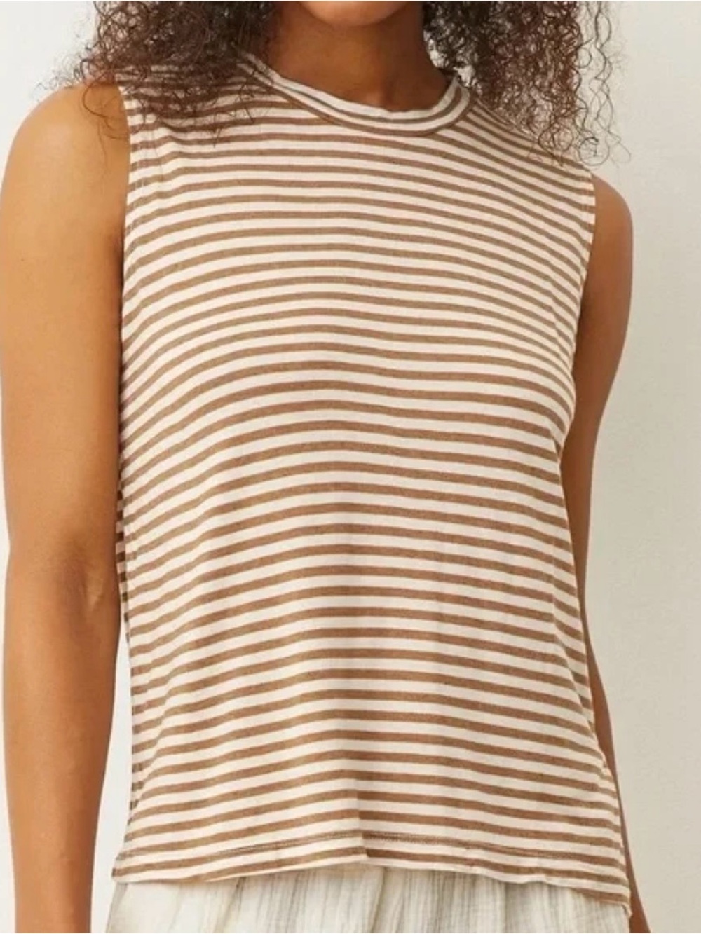 Monrow Brown and White Striped Sleeveless Tank, Crew Neck, Lightweight, Size M